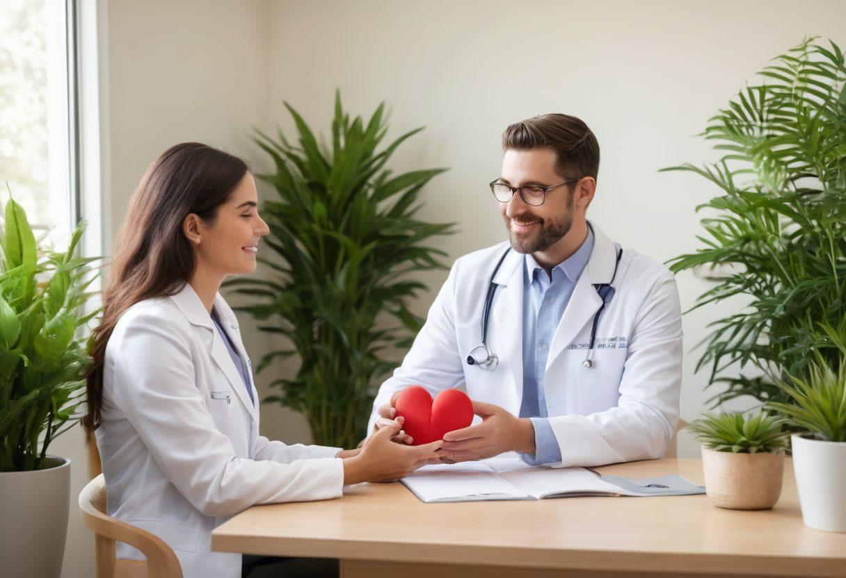 A serene healthcare provider's office with soft natural light illuminating a compassionate doctor speaking with a couple. The doctor holds a heart model while the couple looks inspired, surrounded by plants symbolizing growth and healing. Emphasize warmth, trust, and emotional connection, with gentle pastel tones. super-realistic. calming atmosphere. soft lighting.