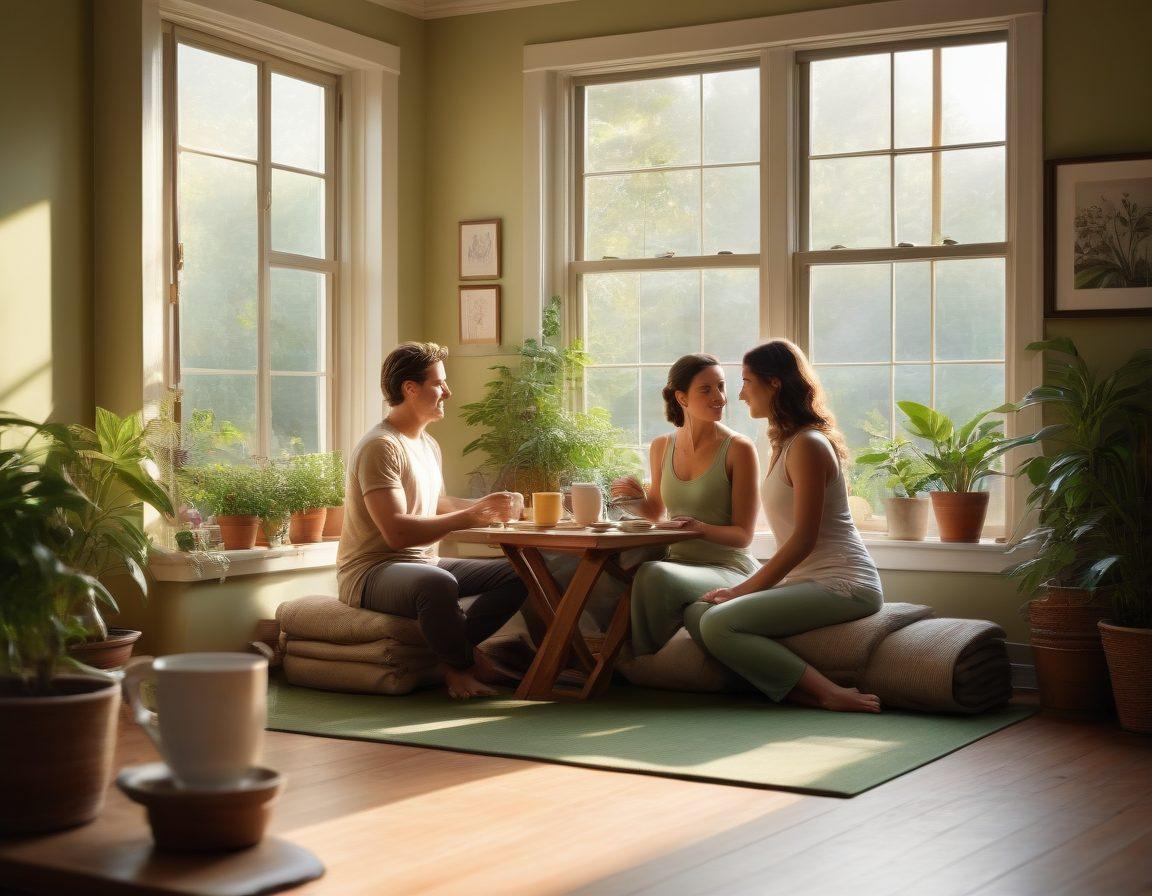 A serene scene of a couple sitting together in a cozy, sunlit room, sharing a heartfelt moment over a cup of tea. Surround them with symbols of wellness, like plants, yoga mats, and wellness books. Include soft lighting and warm colors to evoke intimacy and connection. The background features an inviting, peaceful outdoor view. super-realistic. warm color palette. soft focus.